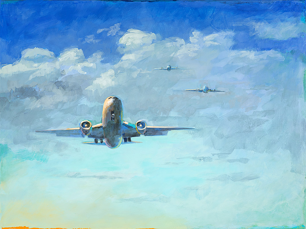 Arrivals 1 retro Pop Art airplane painting by Los Angeles artist David Palmer