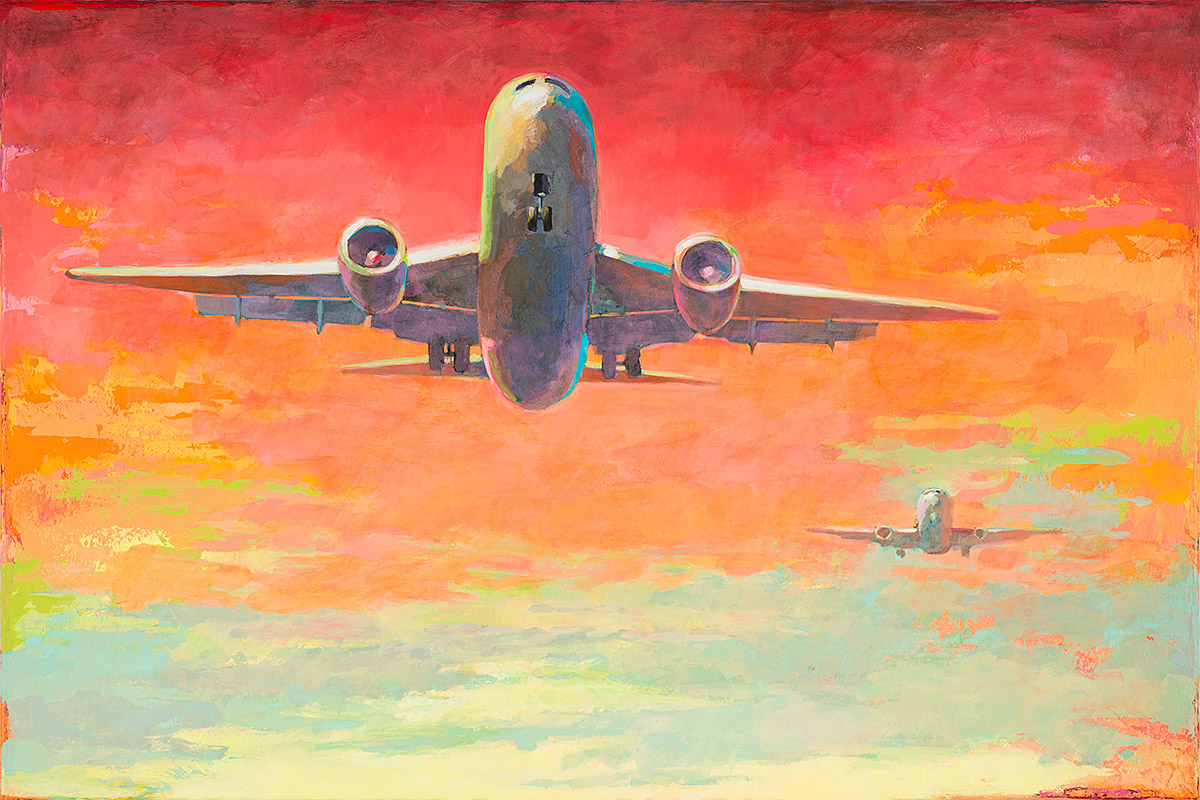 Arrivals 2 retro Pop Art airplane painting by Los Angeles artist David Palmer