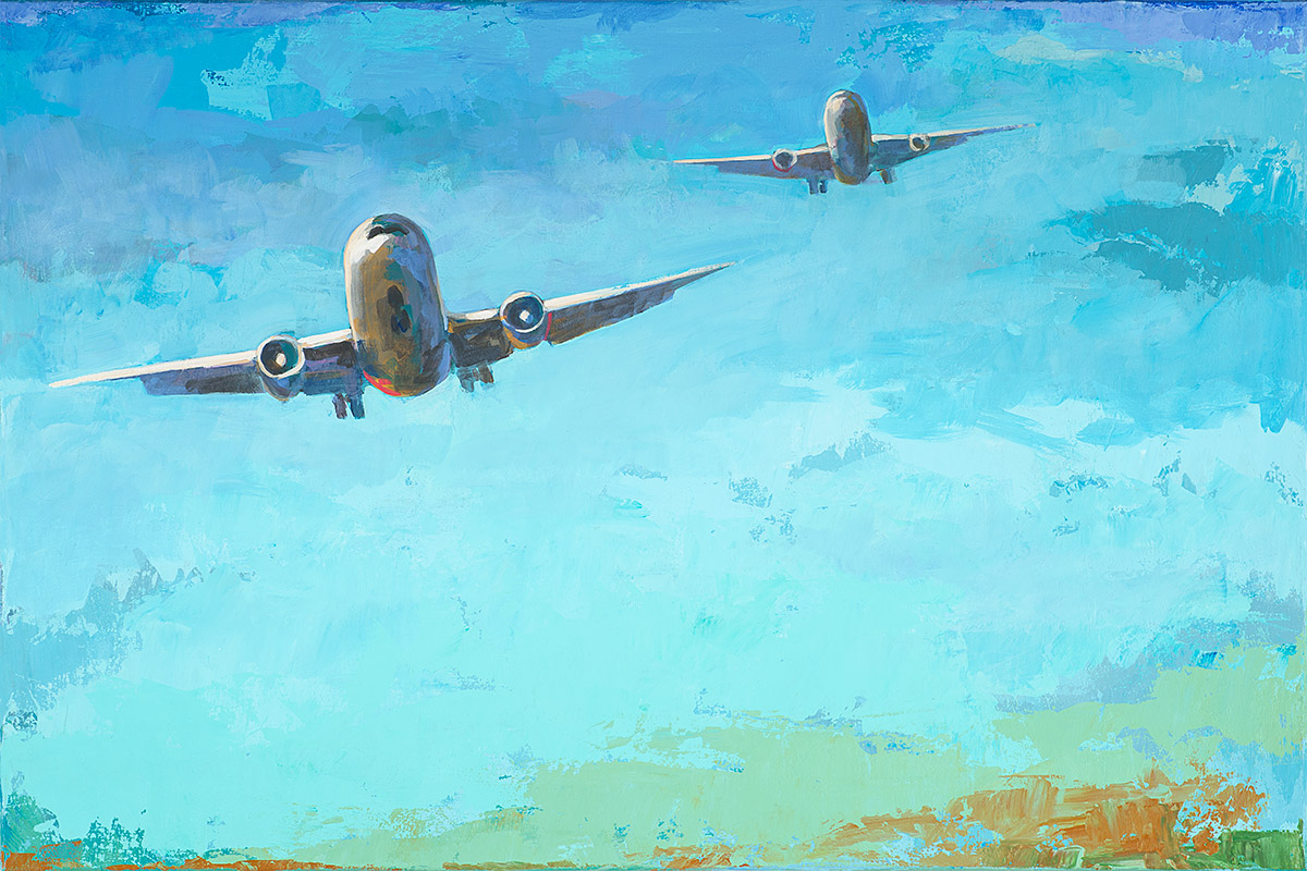 Arrivals 3 retro Pop Art airplane painting by Los Angeles artist David Palmer
