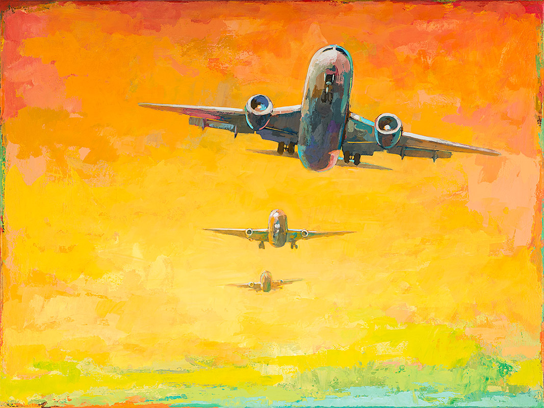Arrivals 4 retro Pop Art airplane painting by Los Angeles artist David Palmer
