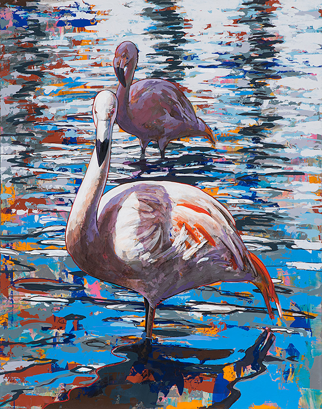 Flamingos #1, painting by Los Angeles artist David Palmer, acrylic on canvas, art