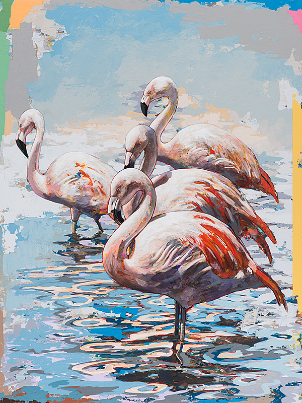 Flamingos #3, painting by Los Angeles artist David Palmer, acrylic on canvas, art