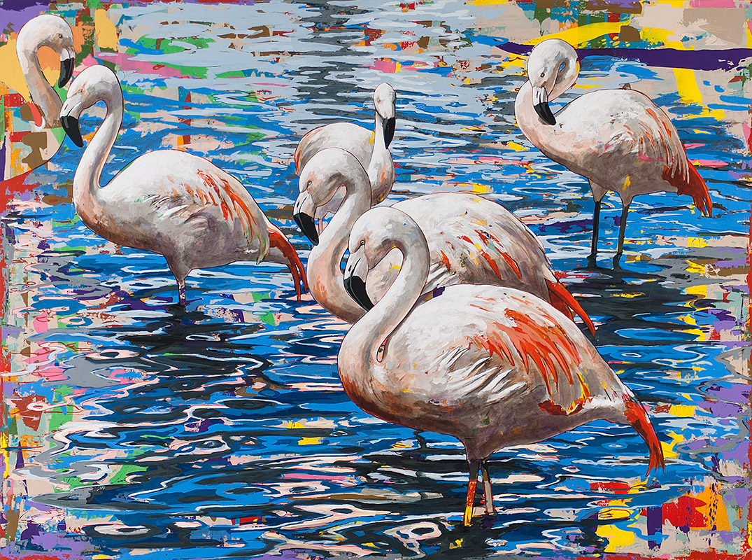 Flamingos #4, painting by Los Angeles artist David Palmer, acrylic on canvas, art