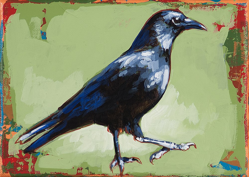 Little Bird #3, crow, painting by Los Angeles artist David Palmer, acrylic on canvas, art