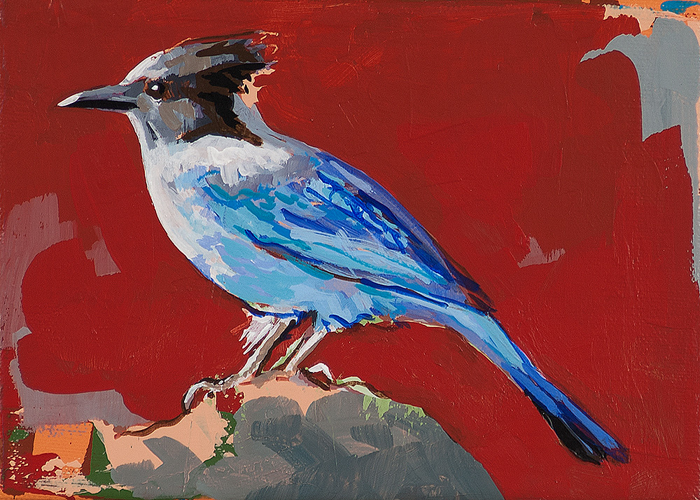 Little Bird #5, blue jay, painting by Los Angeles artist David Palmer, acrylic on canvas, art