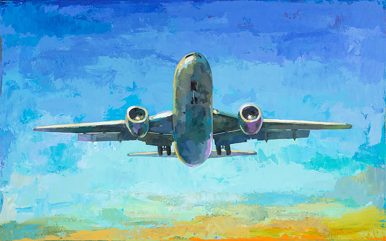 Arrivals 5 retro Pop Art airplane painting by Los Angeles artist David Palm...