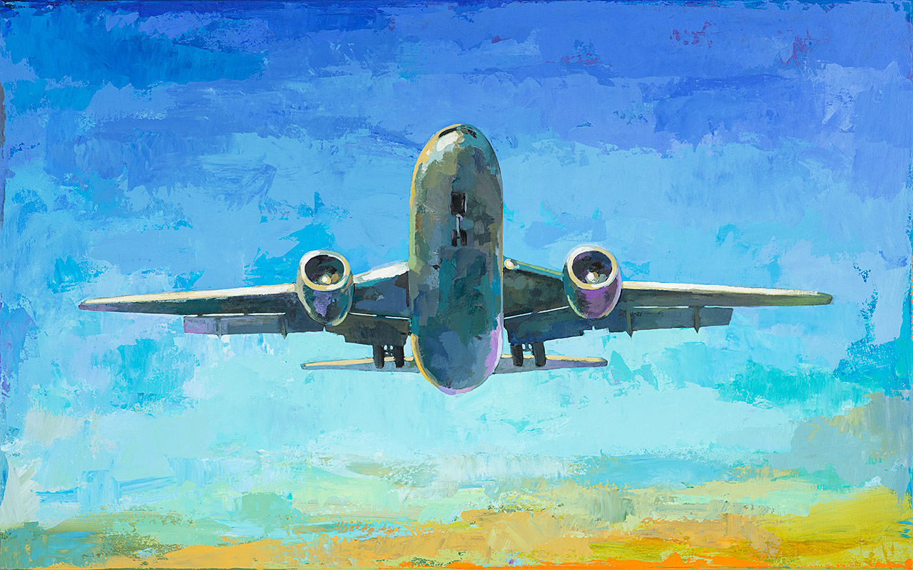Arrivals 5 retro Pop Art airplane painting by Los Angeles artist David Palmer