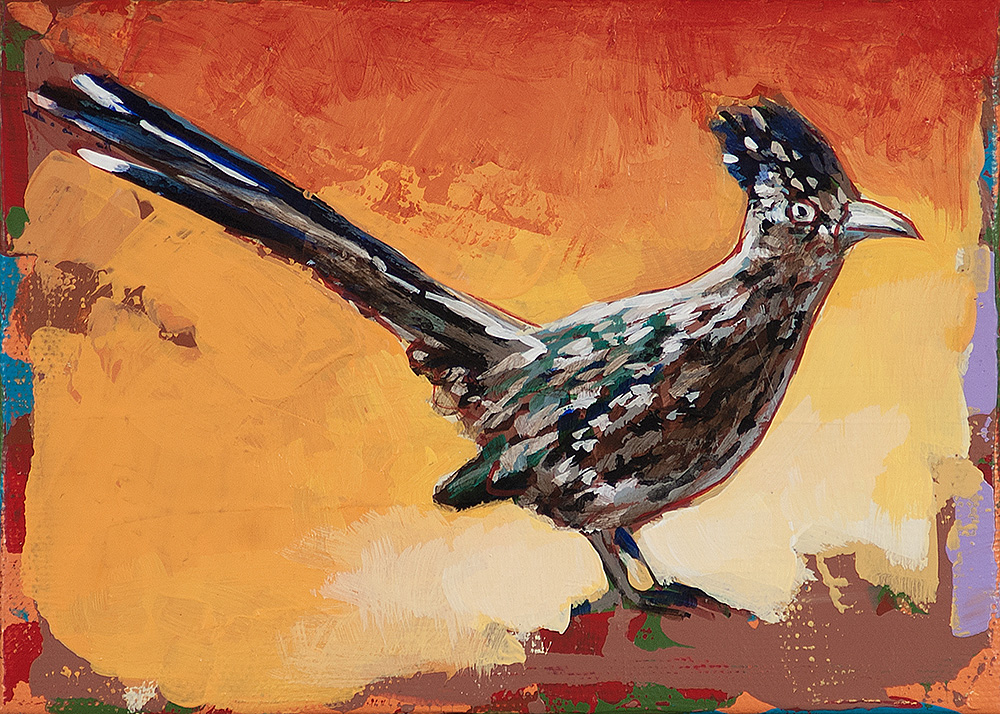 Little Bird #56, roadrunner, painting by Los Angeles artist David Palmer, acrylic on canvas, art